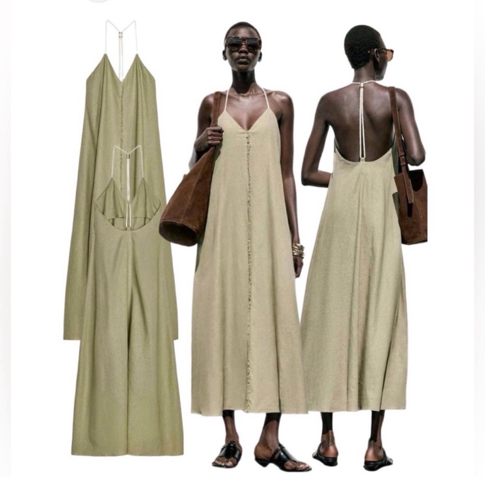 Zara Olive Green Sleeveless V-Neck Maxi Dress with Back Strap NWT